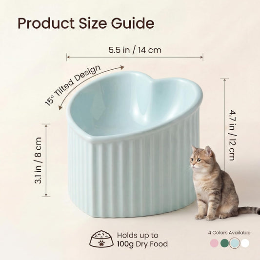Green Ceramic Raised Cat Bowls, Tilted Elevated Food or Water Bowls, Stress Free, Backflow Prevention, Dishwasher and Microwave Safe, Lead & Cadmium Free